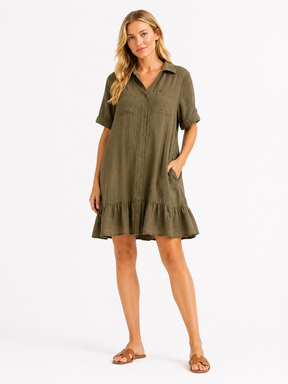 Paige Green Collared Short-Sleeve Ruffled Button-Up Shirt Mini Dress Women's Si